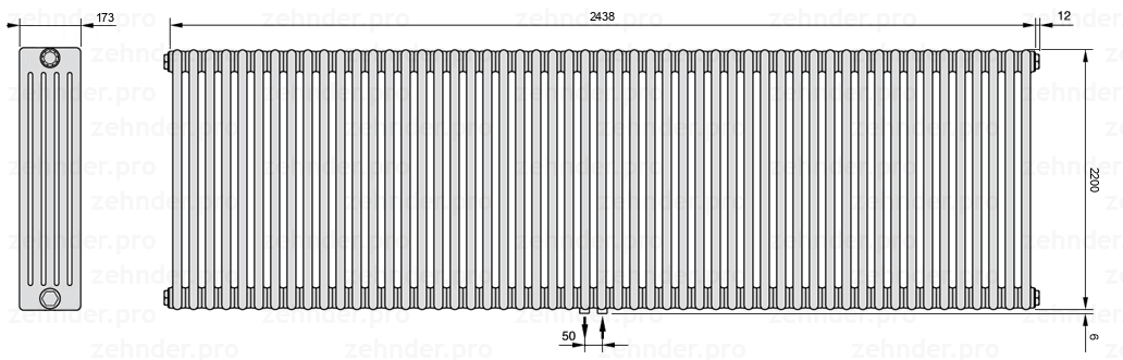 Схема (чертеж) Радиатор Zehnder Charleston 5220/53 №5410 Белый глянцевый RAL 9016